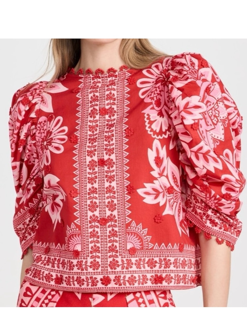 FARM Rio Red and Pink Floral Puff-Sleeve Blouse